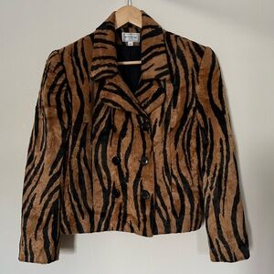 Vintage Faux Fur Double Breasted Tiger Print Collared Jacket